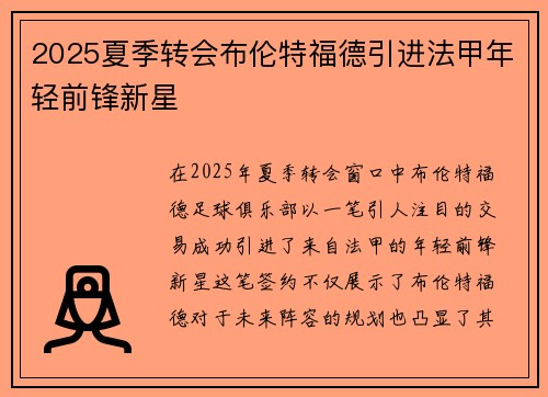 2025夏季转会布伦特福德引进法甲年轻前锋新星