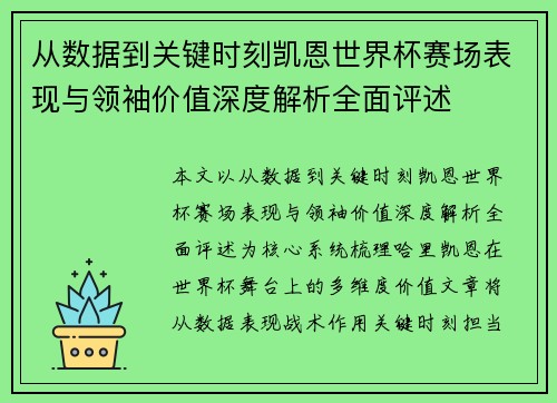 从数据到关键时刻凯恩世界杯赛场表现与领袖价值深度解析全面评述