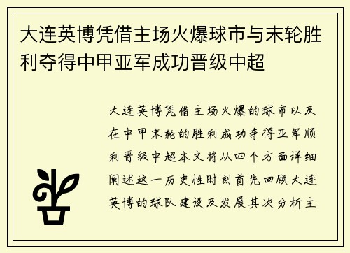 大连英博凭借主场火爆球市与末轮胜利夺得中甲亚军成功晋级中超