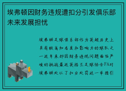 埃弗顿因财务违规遭扣分引发俱乐部未来发展担忧