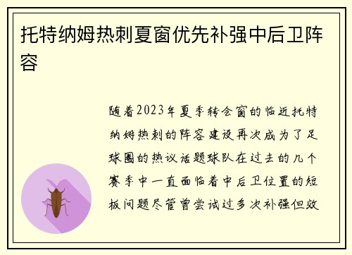 托特纳姆热刺夏窗优先补强中后卫阵容 托特纳姆热刺夏窗优先补强中后卫阵容